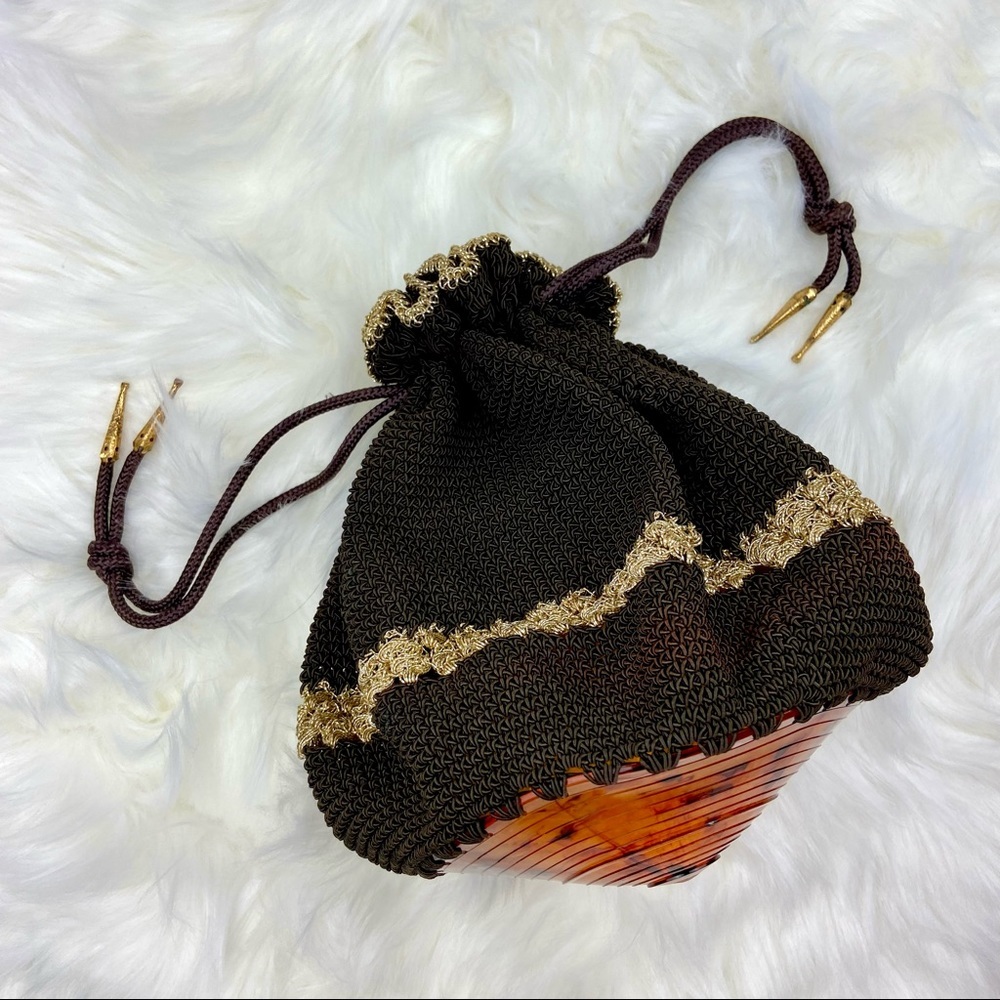 VINTAGE Crochet Drawstring Tote Clutch Evening Bag Purse Gold Boho Wristlet 60s